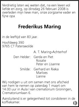 overlijdensadvertentie frederikus maring in 2008.